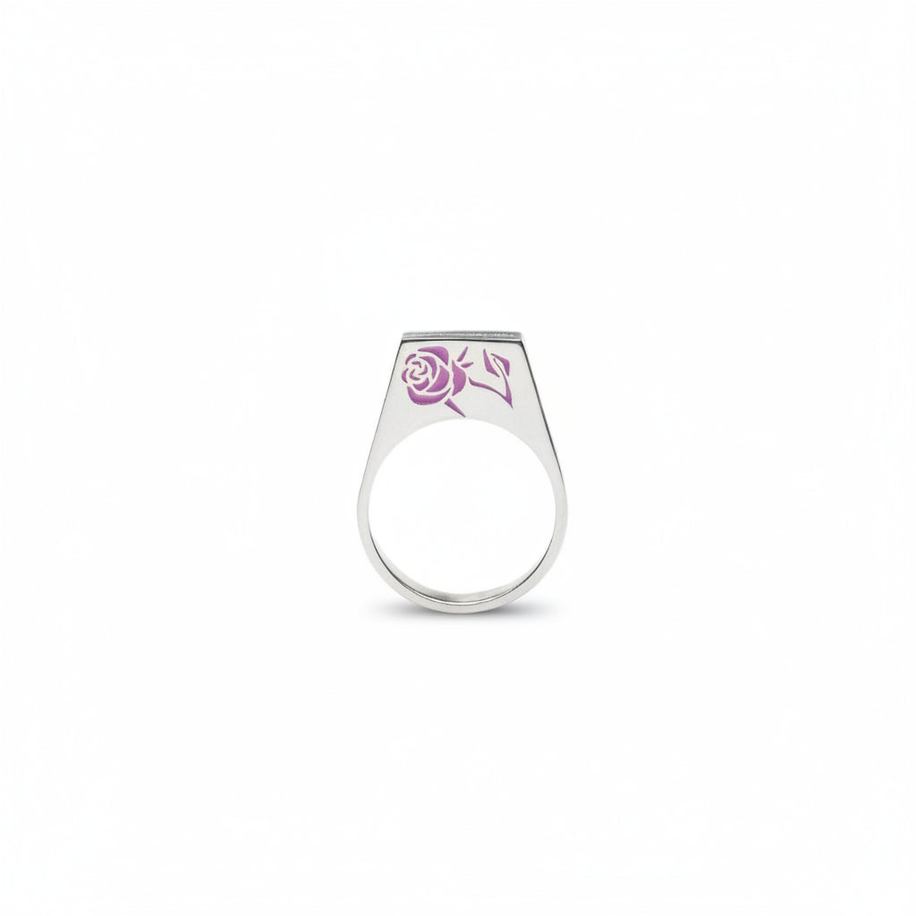 Silver stamp ring with a pink rose cold enamel