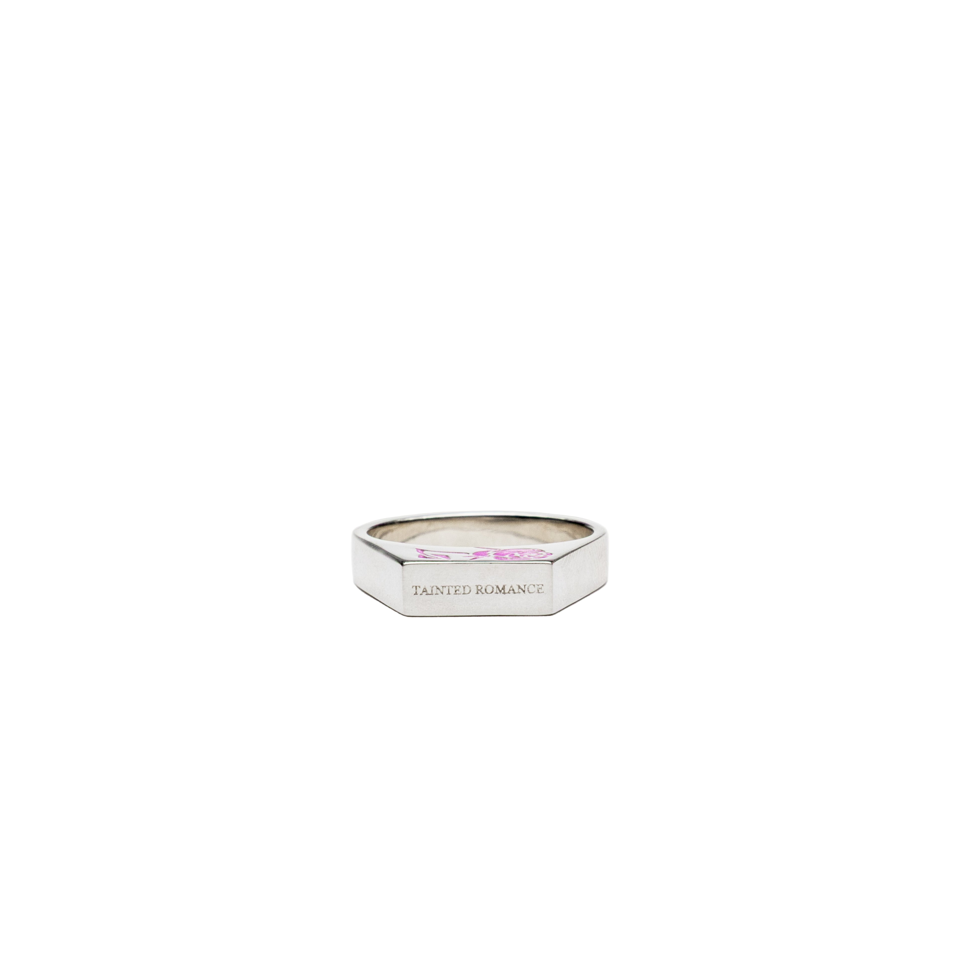 Silver stamp ring with a pink rose cold enamel