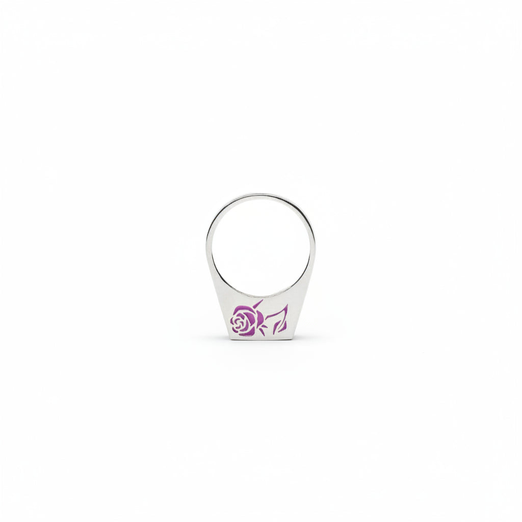 Silver stamp ring with a pink rose cold enamel