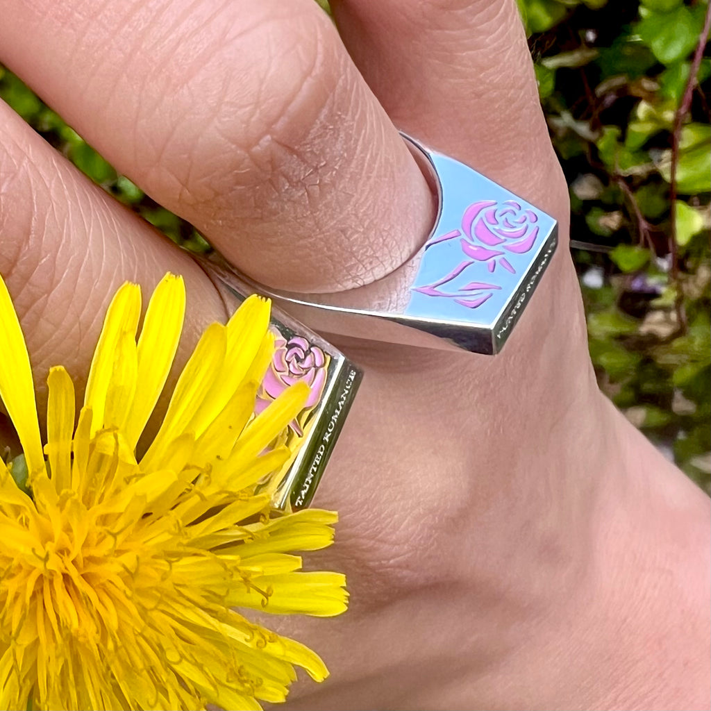 Silver stamp ring with a pink rose cold enamel