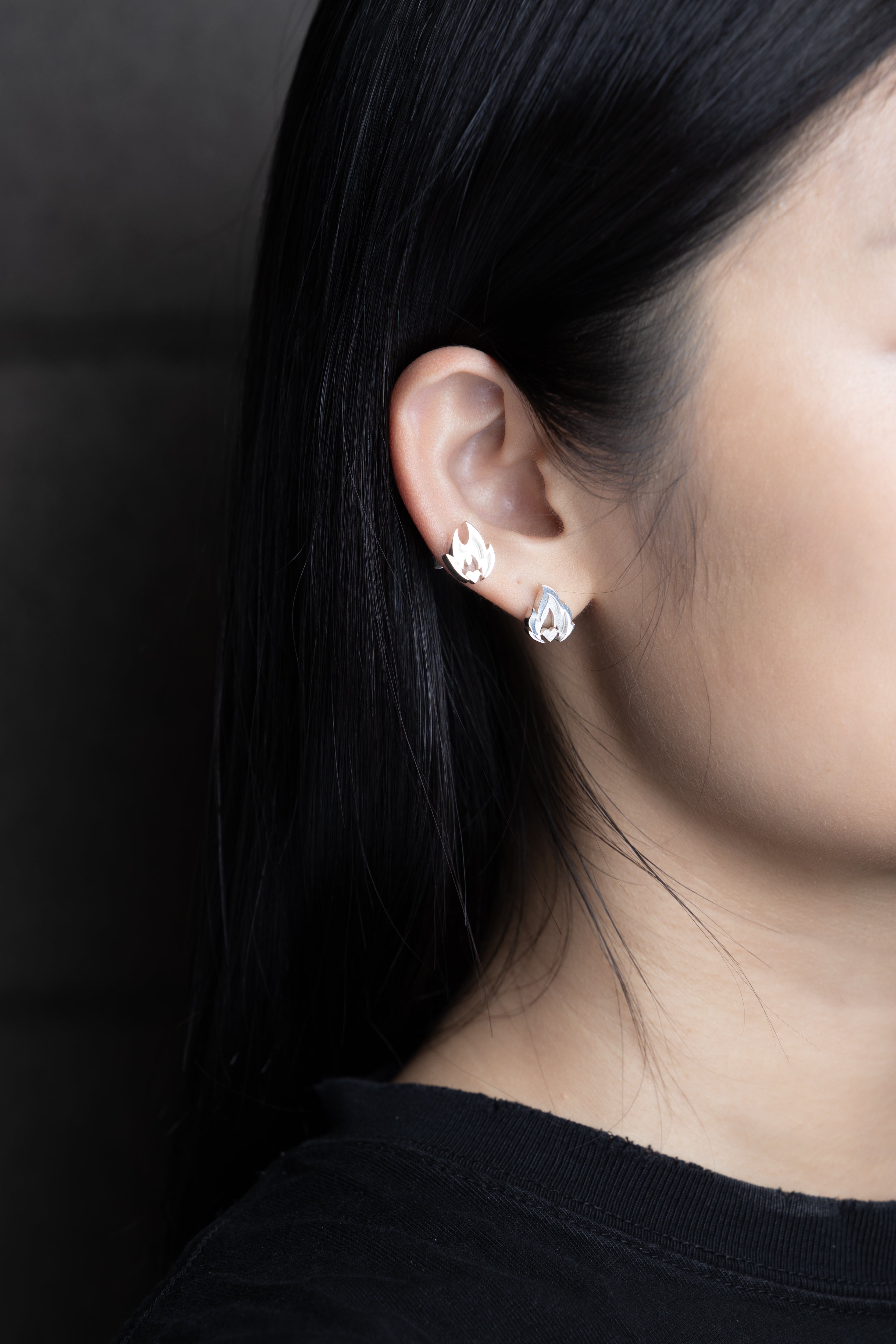 Silver fire flame heart earrings